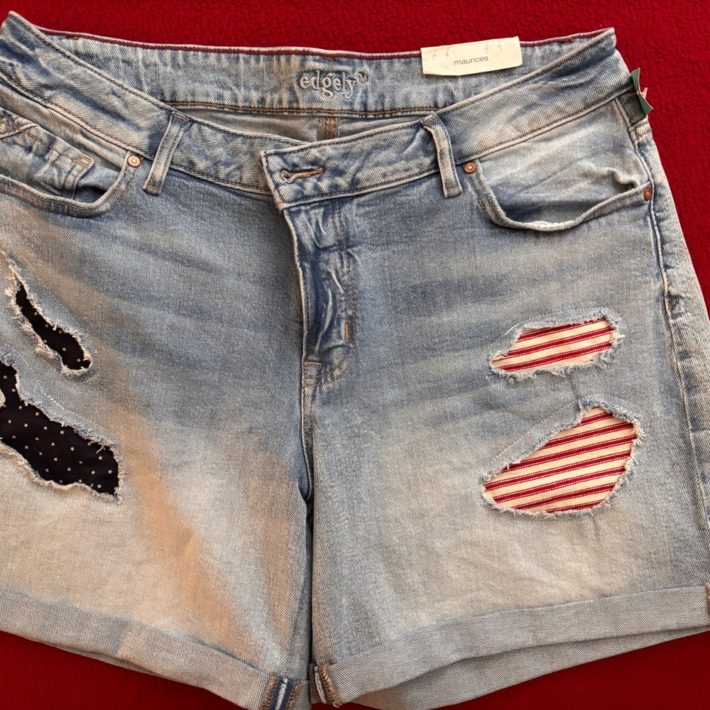 Maurices Blue Jean Shorts with a flag patriotic Distressed Details